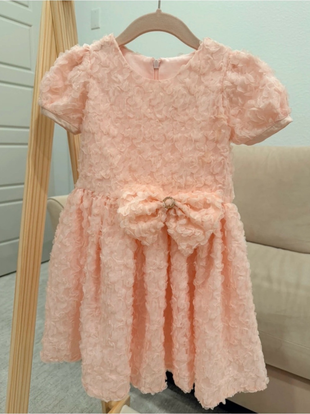 Girls Peach Textured Bow Formal Dress
